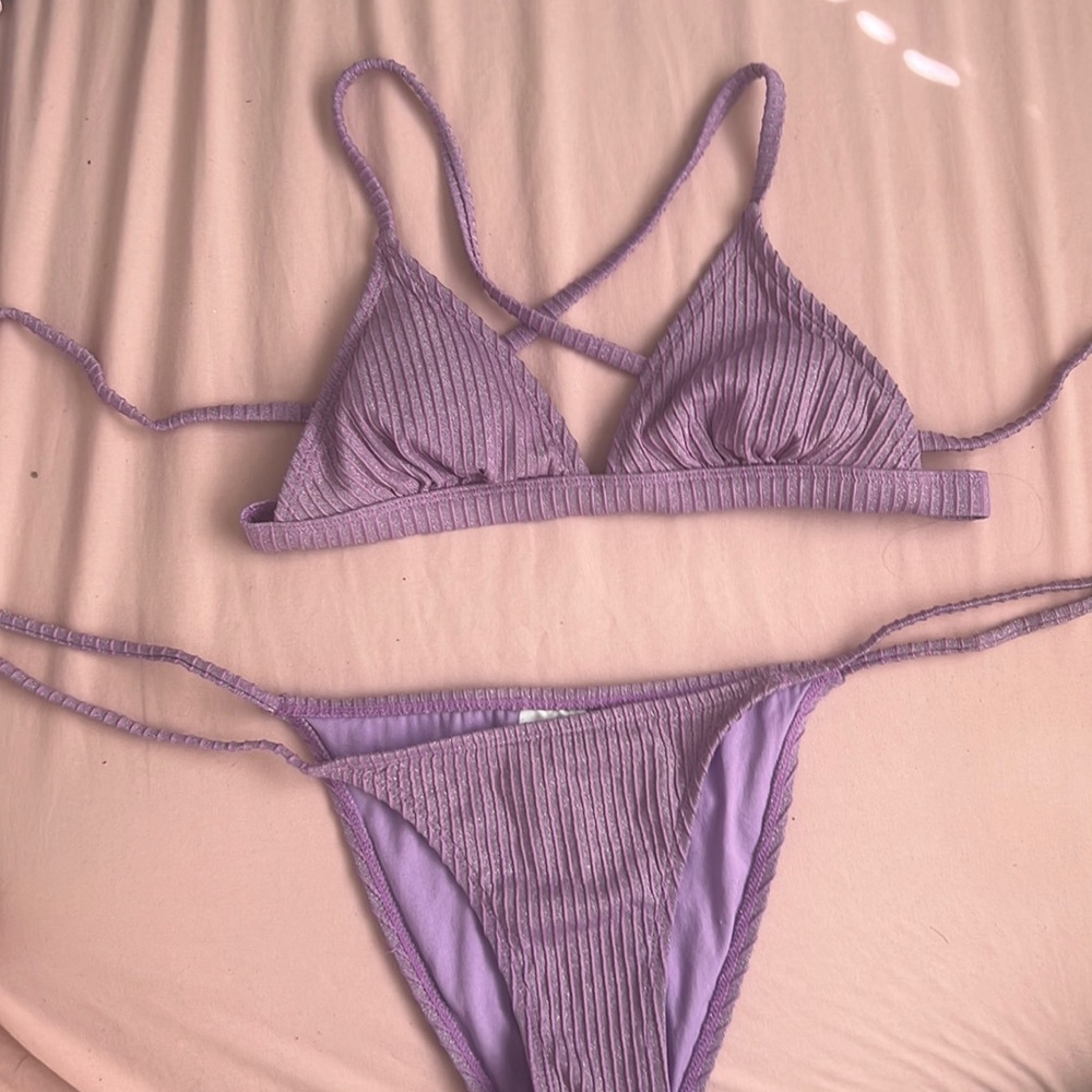 women’s purple sparkly bikini set.